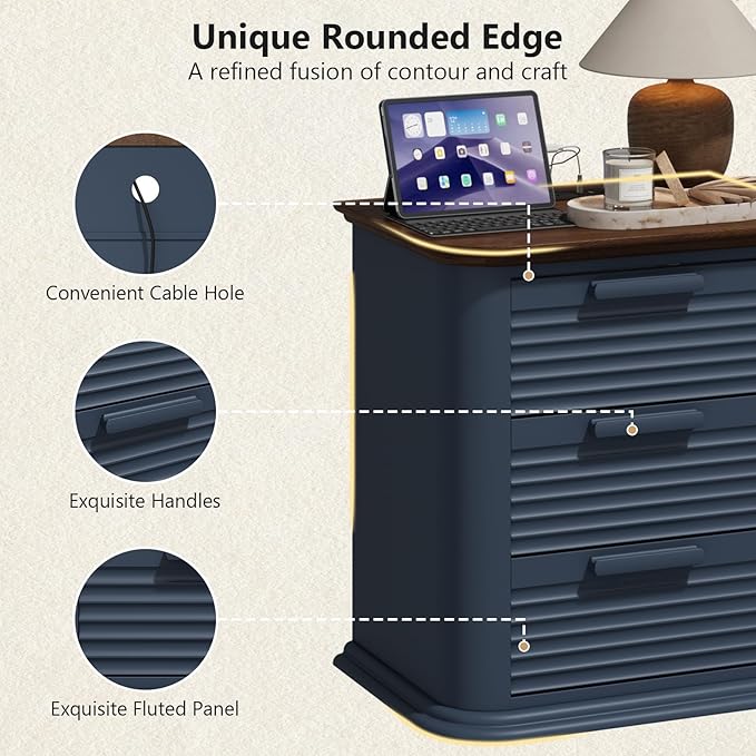 22'' Fluted Nightstand with Charging Station Set of 2, Modern End Table with 3 Drawers and Storage, Wood Side Table Dresser with Round Corner for Bedroom, Living Room, Curved Profile, Dark Navy Blue