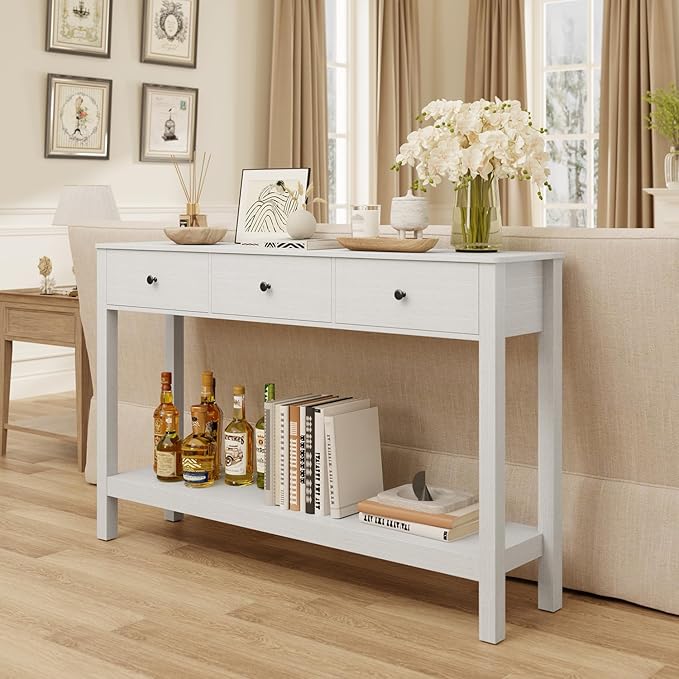 Gizoon Sofa Table with Drawers, Modern Accent Console Table with Open Shelf, Large Storage Space, for Living Room, Front Hall, Entrance Hall, Study Room, White