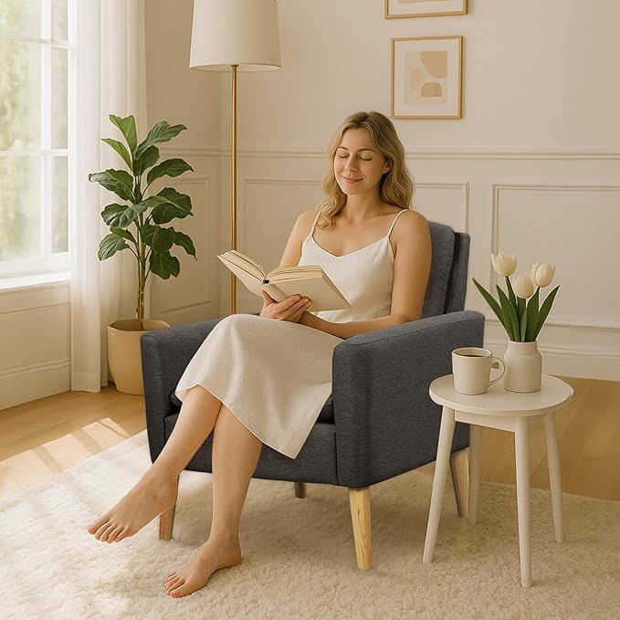 Lohoms Modern Accent Chair for Living Room, Comfy Upholstered Linen Fabric Single Sofa Chair for Bedroom, Guest Room, Office, Waiting Area, Black Armchair with Wood Legs