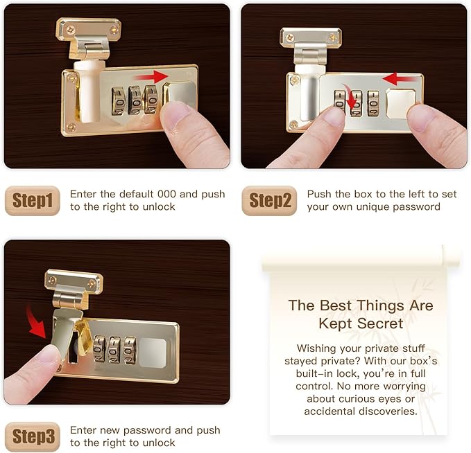 Large bamboo box, locked storage decorative box with combination lock, wooden lock box with lid, wooden locked storage box with removable tray and jars (Brown)