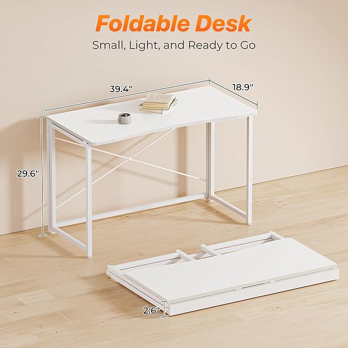 Huuger Folding Desk for Small Spaces, 39.4 Inch Foldable Computer Table, for Home Office, Study, Bedroom, Dorm, Space Saving, Small Writing Work Office Computer Desk, Easy to Fold, White