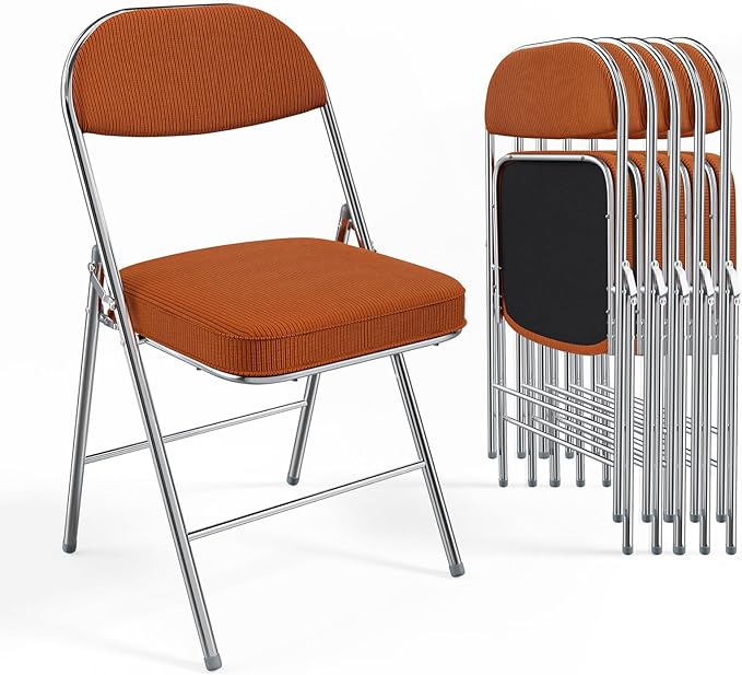VINGLI 6 Pack Folding Chairs with Padded Seat & Backrest, Metal Frame, Durable Corduroy Fabric, 350 lbs Capacity, Set of 6, Orange – Ideal for Weddings, Parties, Office Events