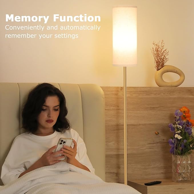 Ambimall 64'' Floor Lamps for Living Room with Remote Control and Stepless Dimmable Colors Temperature & Brightness, 9W Bulb Included(Beige Lampshade & Gold Pole)