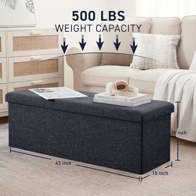 Ornavo Home 43 Inch Folding Storage Ottoman, Long Large Storage Ottoman Chest, Foot Rest Stool, Bedroom Bench - (Black)