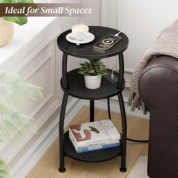 Round Side Table with Power Outlet & USB Ports, 3-Tier End Table with Storage Shelf, Modern Rustic Nightstand, Small Spaces Accent Table for Living Room Bedroom, Easy Assembly, Black