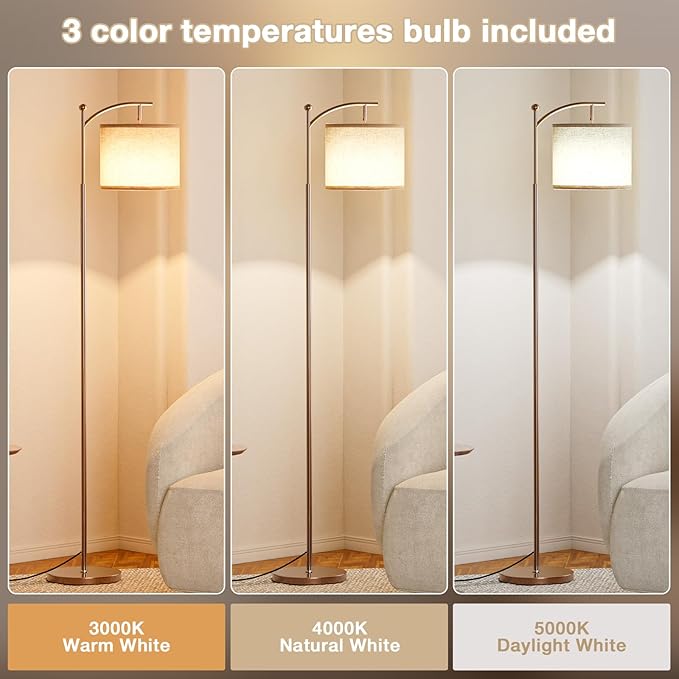 60" Floor Lamps for Living Room with 3 Color Temperatures, Adjustable Beige Shade with Brown Pole, Tall Lamps for Living Room Bedroom Office Classroom Dorm Room, 9W Bulb Included