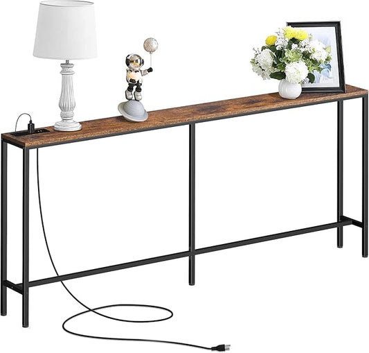 70 Inch Console Table with Outlet, Sofa Table with Charge Station Long Entryway Table for Office, Hallway, Bedroom, Living Room(Rustic Brown)