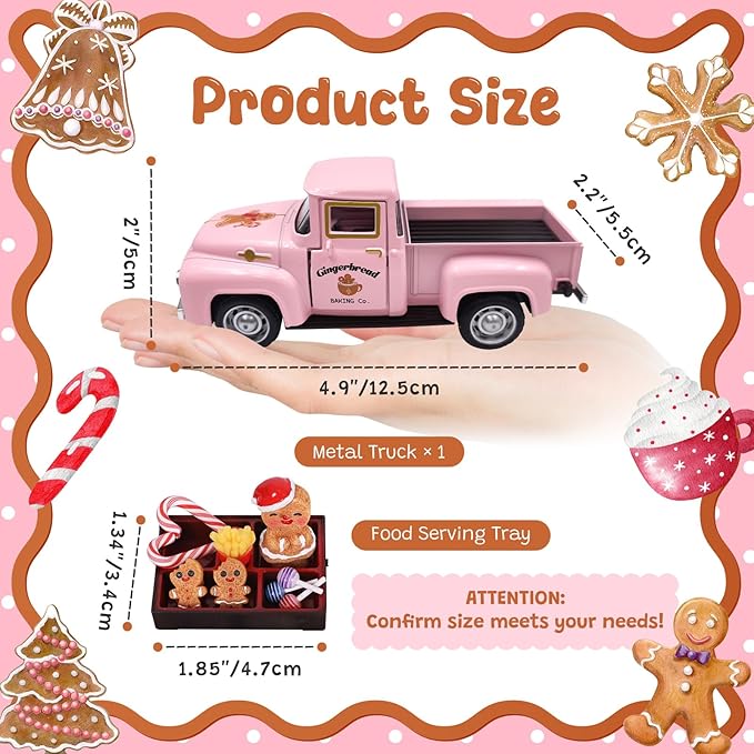 Pink Gingerbread Christmas Decor Vintage Farmhouse Metal Truck with Mini Fake Candy Cookie Box Ginger Bread Man Pastel Gingerbread Christmas Tabletop Decorations for Xmas Tray Holiday Mantel Kitchen
