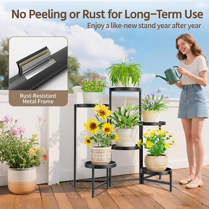 LASZOLA 6 Tiered Folding Plant Stand Indoor for Multiple Large Planter, Tall Heavy Duty Adjustable Rack with Rust Proof 10 Inch Wide Tray, Sturdy Vertical Tree Organizer for Narrow Inside Floor, Black