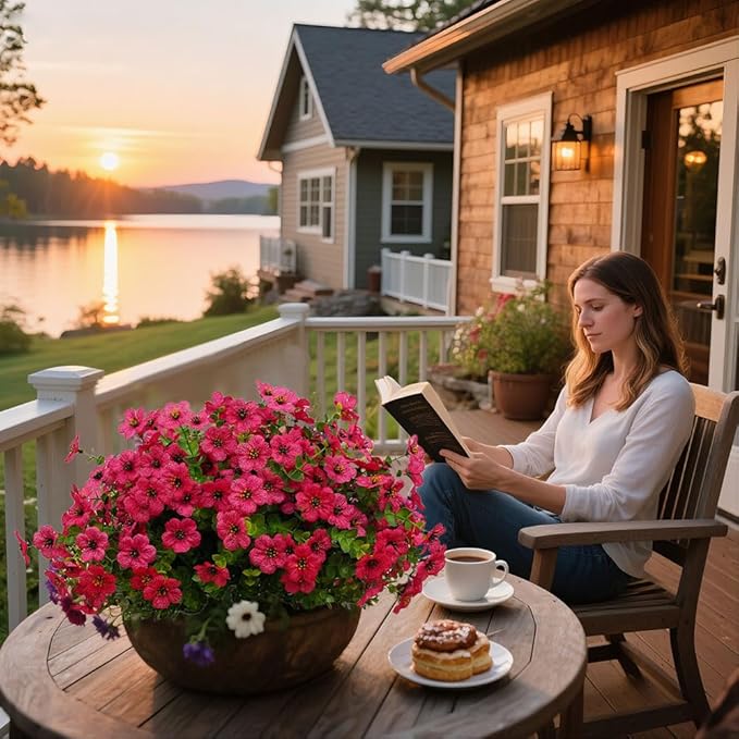 12 Bundles Artificial Flowers for Outdoor Indoor Fake Flowers UV Resistant Artificial Outdoor Flowers Fake Plants Beautiful Faux Flower for Porch Garden Home Patio Decor Home Wedding (Rose Red)