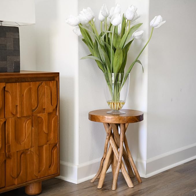 WELLAND Teak Wood Stick Leg End Table, 16" L x 16" W x 20" H Rustic Side Table, Small Accent Table, Plant Stand for Living Room, Bedroom, Home Office
