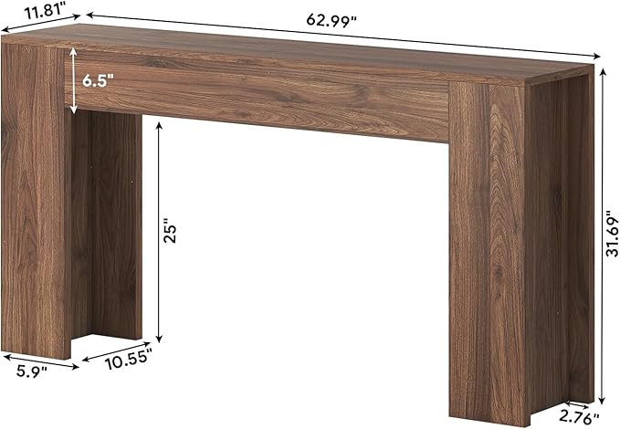 63-Inch Long Console Table with LED Light, Farmhouse Sofa Table Behind Couch, Wooden Console Table for Entryway Hallway Entrance Living Room, Brown