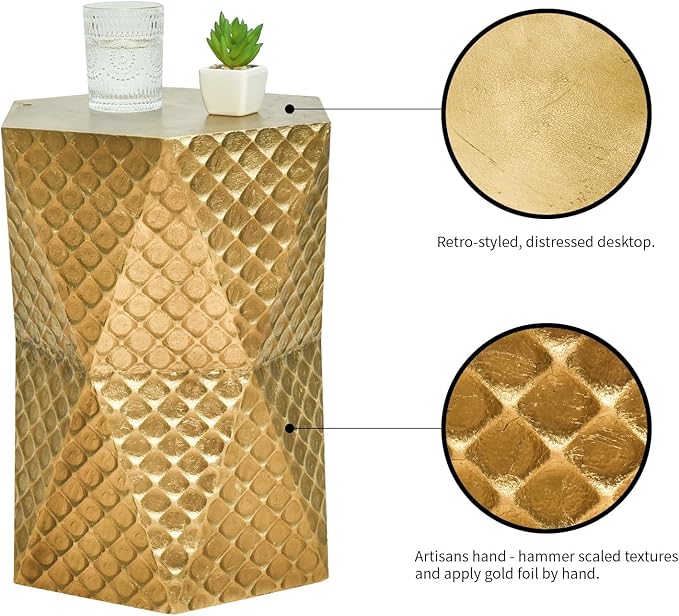Round Side Table, Rustic Console Table, Gold Geometric End Tables Ideal for Couch Sofa Living Room or Bedroom Stand (Gold Scaled Texture)