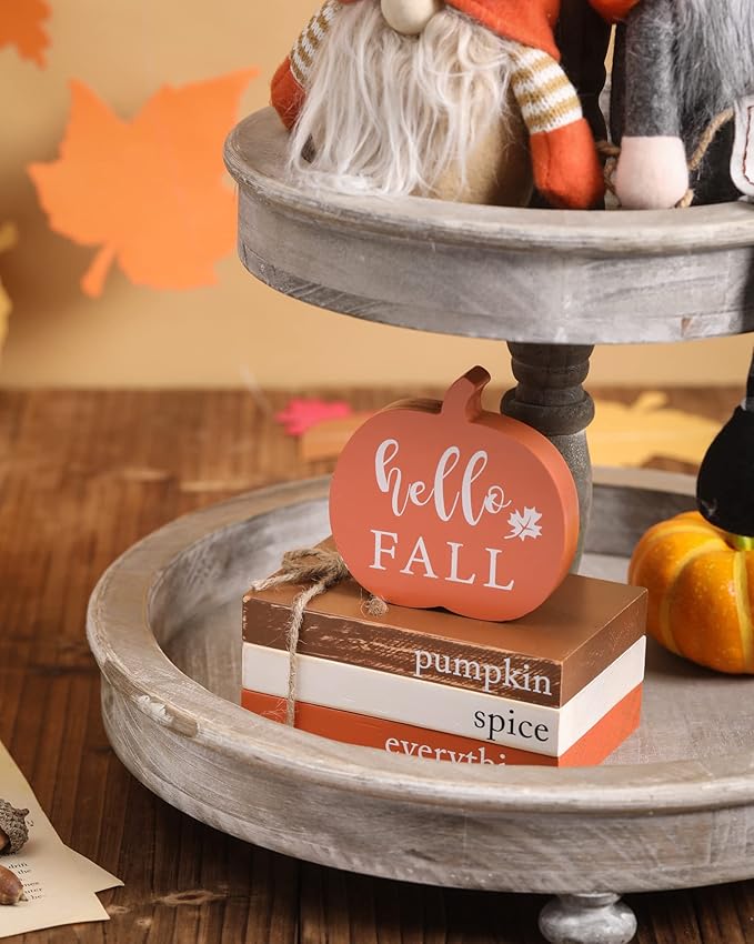 KORMMCO Thanksgiving Fall Wood Book Stack, Fall Thanksgiving Decorations Tiered Tray,Hello Fall Decor, Autumn Mini Faux Decorative,Farmhouse Mini Decorative Books Bundle