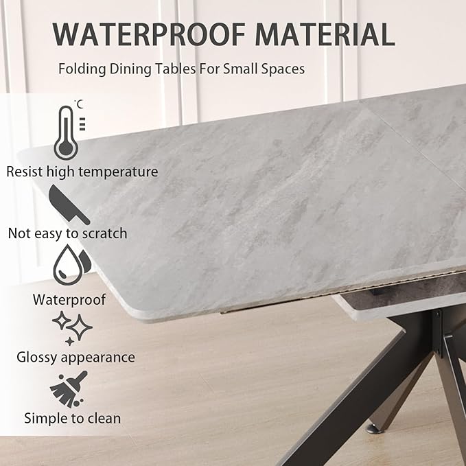 Marble Dining Table for 4-8, 62.4''-78.15'' Extendable Dining Table, Modern Kitchen Table, Space Saving Rectangular Table for Office and Dining Room (Grey)