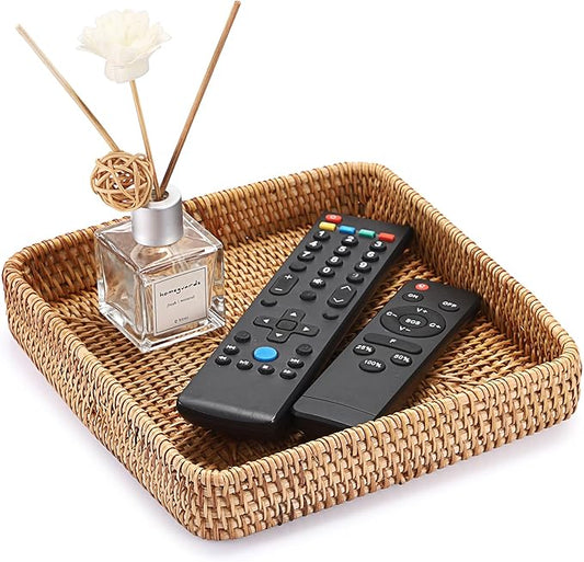 BTSKY Small Remote Basket for Coffee Table Entryway Living Room Rattan Serving Tray 8.1” x 8.1” Handwoven Wicker Baskets Decorative Tray for Wallet Remote Control Trinkets Rings Cosmetics Crackers