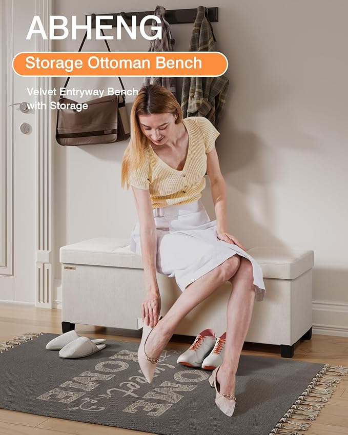 Foldable Storage Ottoman Bench, Velvet Footrest and Seat Cube with Feet, Storage Chest, for Living Room, Bedroom and Office, 15 x 43 x 15.7 Inches, Cream White, UASND24W