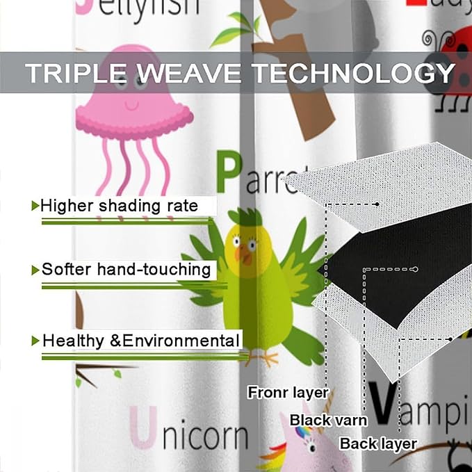 Alphabet Curtains, Cute Cartoon Animals Pattern Blackout Print Window Drapes for Bedroom Living Room 52x84 Inch