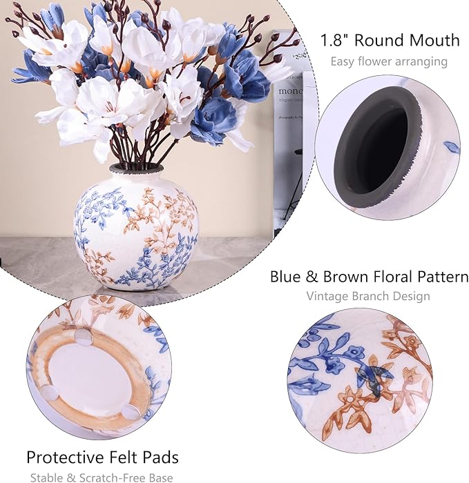Vintage Blue and White Brown Round Vase, Chinoiserie Porcelain Blue Floral Vase, Mid Century Modern Pottery Flower Vases for Bouquet and Home Rustic Farmhouse Dining Table Decor