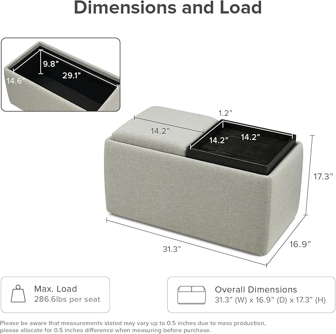 mopio Levi Storage Bench with Reversible Tray, Modern Storage Coffee Table, Bedroom Bench, Rectangular Cube Upholstered Coffee Table Ottoman for Living Room, Bedroom, Entryway (Fabric, Light Gray)