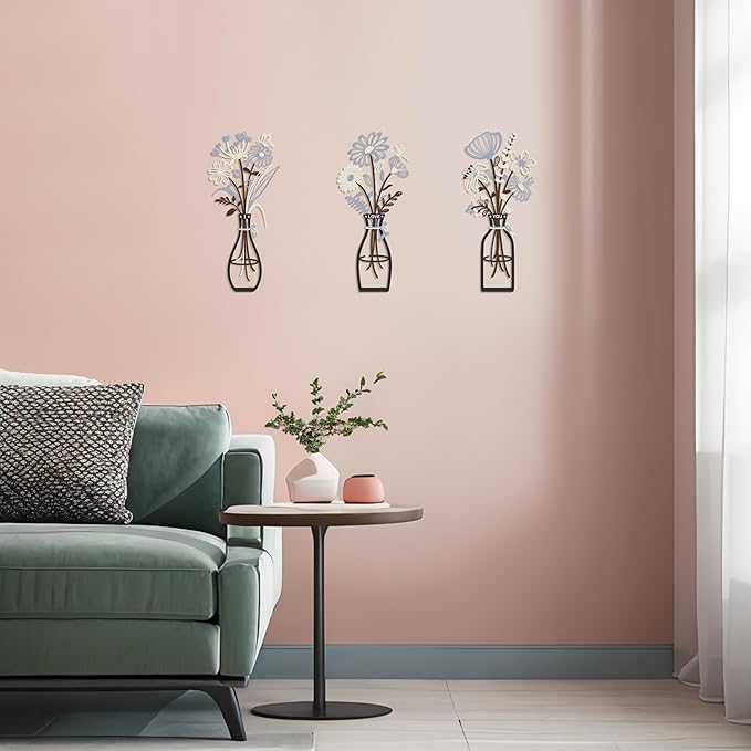 3 Pieces Metal Flowers Wall Art Decor, House Minimalist Bathroom Wall Decors Sculptures for Living Room Dining Room Bedroom Housewarming Gifts