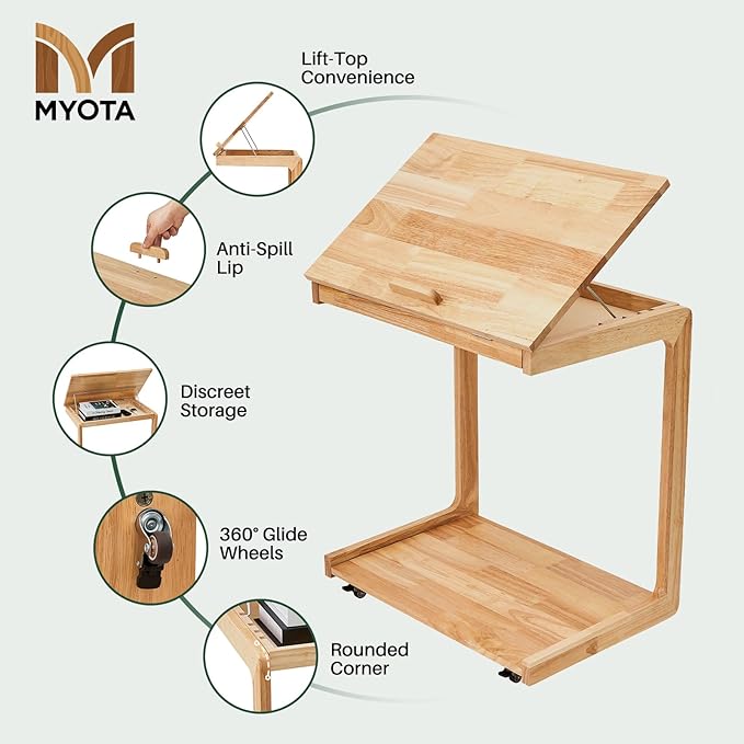 C Shaped Rolling End Table with Wheels - Solid Wood Side Table for Couch, Wooden Modern Tv Tray Bedside Tables for Sofa Armchair Living Room Bedroom, Natural, 15.4 in x 23.6 in x 24.8 in