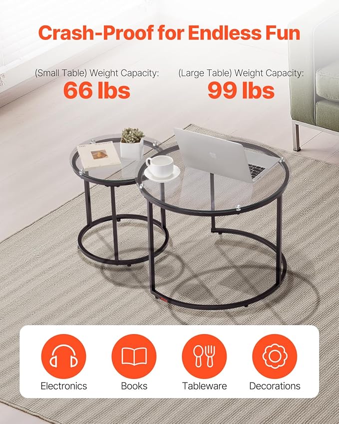 VEVOR Nesting Tables, Glass Coffee Table Set of 2, 23.6 inch Round Coffee Table, Small Coffee Tables Night Stand with Metal Frame, for Living Room, Bedroom, Office