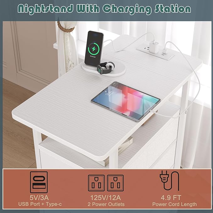 End Table with Charging Station,LED Side Tables with USB Ports and Outlets,Narrow Nightstands Bedside Tables with 3 Drawers PU Finish for Small Space,Slim Sofa Table for Livingroom,White