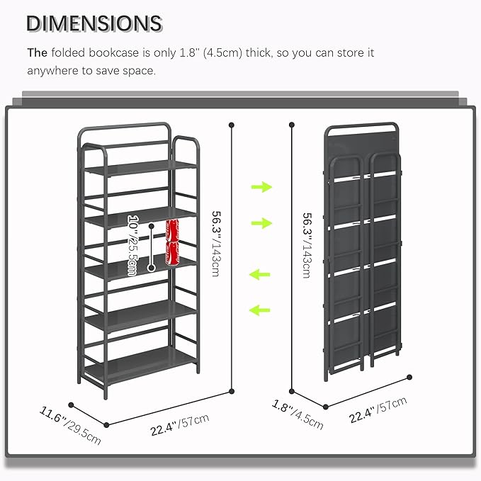 4NM No Assembly Folding Bookshelf, 5 Tiers Collapsible Book Shelves Open Industrial Foldable Storage Bookcase Shelf for Bedroom, Living Room, Home Office - All Black