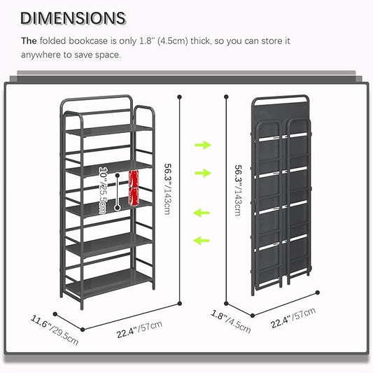 4NM No Assembly Folding Bookshelf, 5 Tiers Collapsible Book Shelves Open Industrial Foldable Storage Bookcase Shelf for Bedroom, Living Room, Home Office - All Black