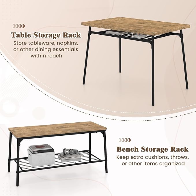 GOFLAME 4-Piece Dining Table Set for 4, Industrial Rectangular Kitchen Table with Bench and 2 Chairs, Storage Racks, Metal Frame, Space-Saving Dinette Set for Dining Room, Living Room, Breakfast Nook