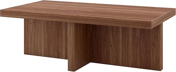 Henn&Hart 44" Rectangular Wood Pedestal Low-Profile Coffee Table for Living Room, Family Room, or Office, Satin Walnut
