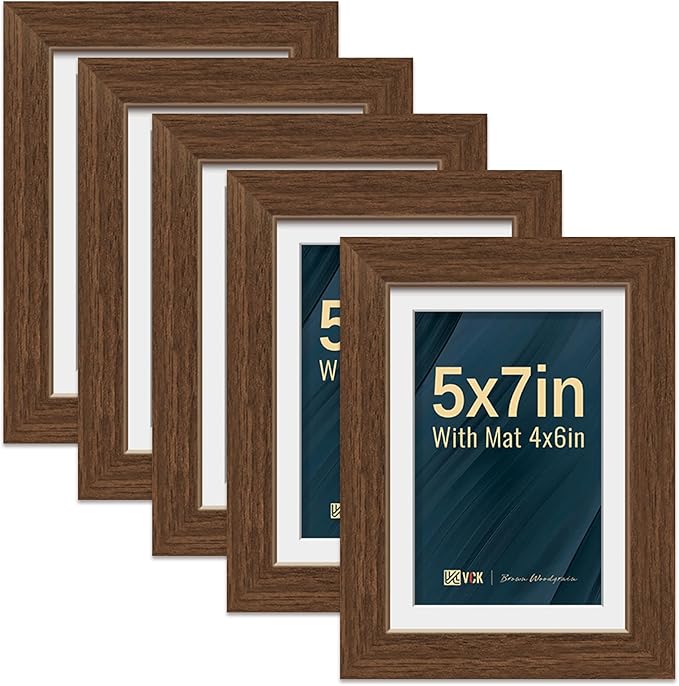 VCK 5x7 Picture Frame 5 Pack - Brown, High-End Wood Poster Frames with Tempered Glass, Display 4x6 Photo with Mat or 5x7 without Mat, Art Gallery-Quality, Wall Hanging/Tabletop, Brown