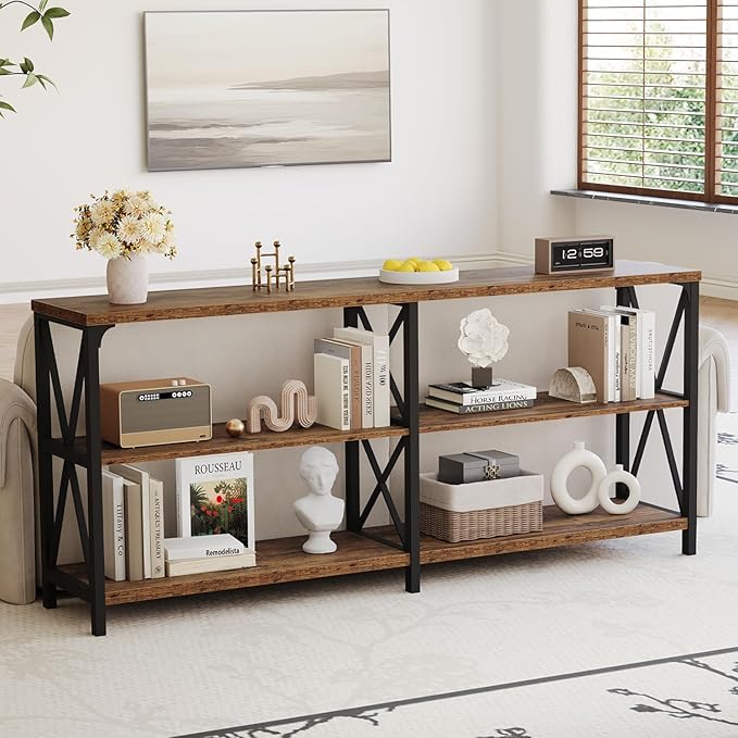 IBF Rustic Console Table, Modern Entryway Table with Storage Shelves, Industrial Metal Wood Sofa Tables Behind Couch, Farmhouse 3 Tier Foyer Hallway Tables for Bedroom, Rustic Brown, 63 in