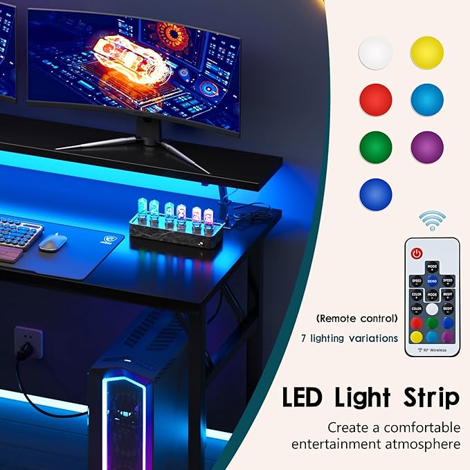 DlandHome Computer Desk 47’’ with LED Lights & Power Outlets,Folding Desk with Monitor Stand, Writing Desk Home Office Desk, Fully Assembled,Black