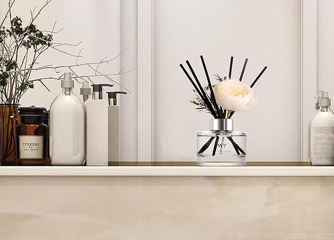 Flower Reed Diffuser Set Sandalwood Rose Scent for Bathroom Accessories Shelf Decor & Air Fresheners, Sticks Defusers with 5.1 fl oz Essential Oils & Leaves, House Bedroom Office Decor & Gifts