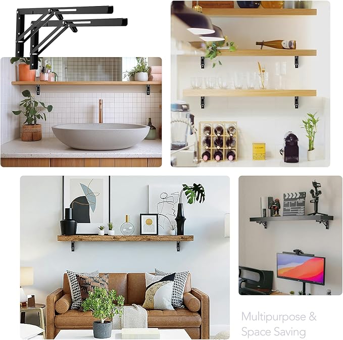 JOY DECOR 20 Inch Heavy Duty Folding Shelf Brackets, 4 Pack (2 Pairs) Collapsible Wall Mounted Brackets for Fold Down Table, Stainless Steel Folding Table Hinge, Matte Black