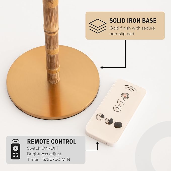 Bamboo Cordless LED Table Lamp – Rechargeable 24-Hour Battery, Dimmable Warm Light, 15" Portable Wireless Lamp with Remote for Indoor/Outdoor Use, Home, Patio, Restaurant – Coastal White