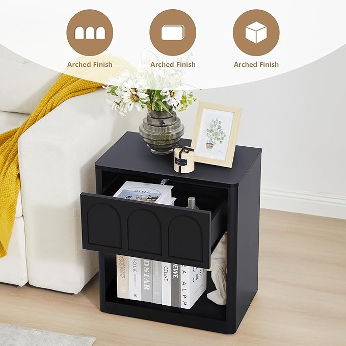 Nightstand Set of 2, 19.69" Wide Bedside Table with Arched Finish, Modern Night Stands with Curved Profile, Mid Century End Table for Bedroom Living Room (Black-2 Packs)