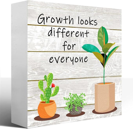 LVQHI Inspirational Wood Block Sign,Growth Looks Different for Everyone Plant Motivational Wooden Block Sign for Home Bedroom Office Desk Table Decor,Inspirational Cheer Up Gift Grain-Grey