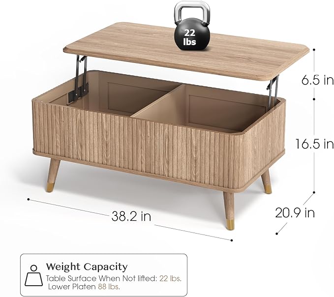 Lift Top Coffee Table with Storage Shelf & Hidden Compartment, Mid Century Modern Fluted Rectangle Dining Table for Living Room, Home Office, Natural Oak