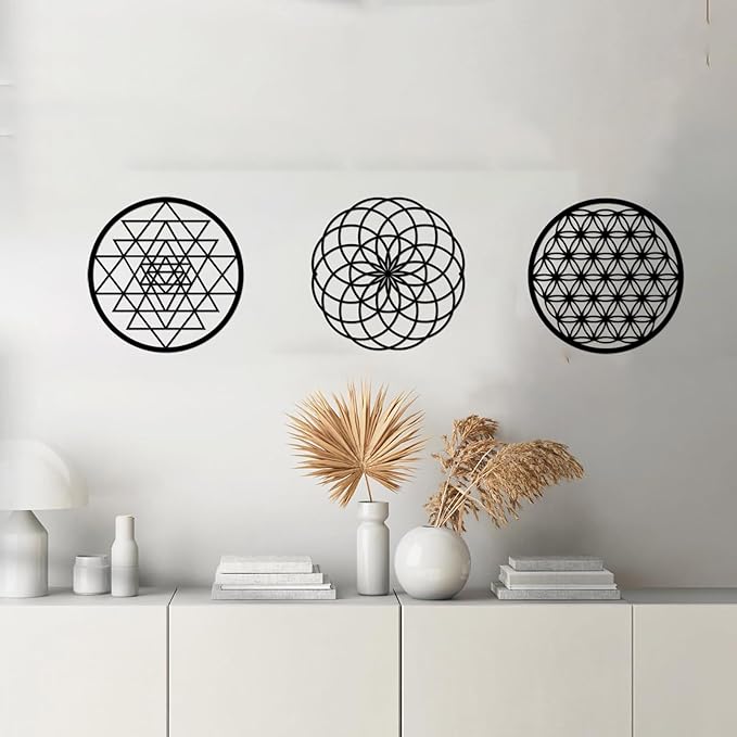 3 Pcs Metal Abstract Wall Decor, Minimalist Lines Wall Hanging Art Painting, Modern Geometric Black Wall Sculpture Suitable for Home Office, Hotel Living Room, Bedroom and other Home Decoration（Circle）