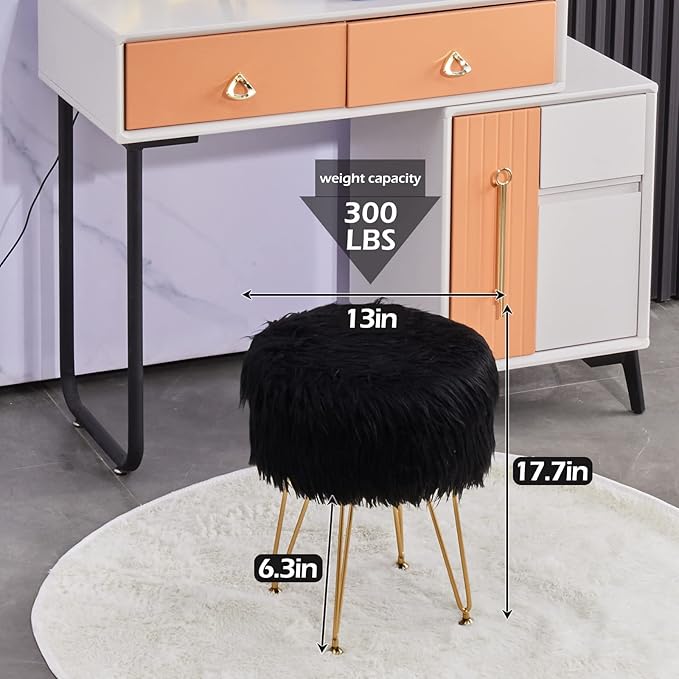 Mxfurhawa Faux Fur Storage Ottoman Round Furry Vanity Stool Marble Grain Tray Coffee Table Compact Footrest Stool with 4 Metal Legs Soft Makeup Seat Foot Stools for Living Room Bedroom Entryway Black