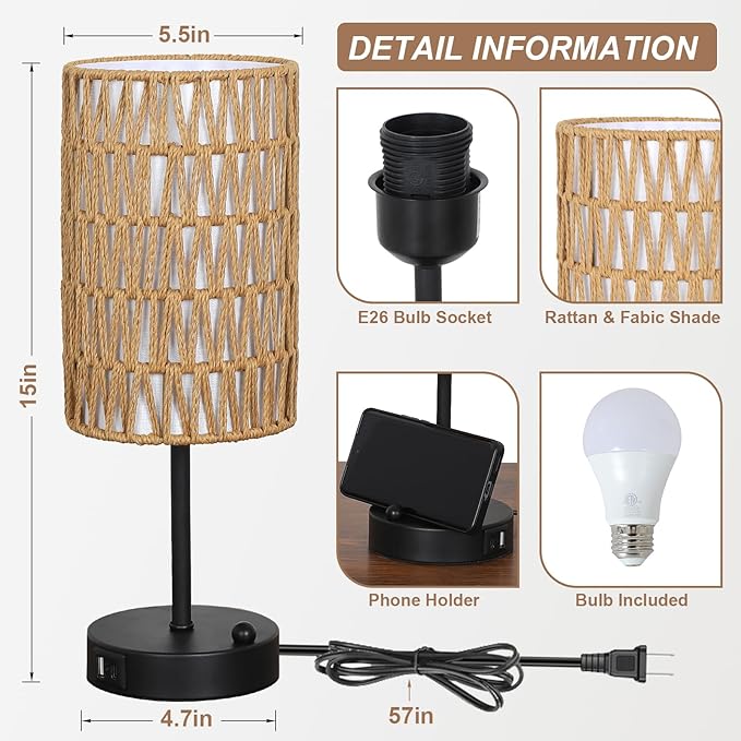 Touch Table Lamp For Bedroom with Bulb, Boho Small Desk Lamp For Living Room With Rattan & Linen Shade, 3 Way Dimmable Bedside Table Lamp For Nightstand With USB Charging Port & Phone Stand For Office