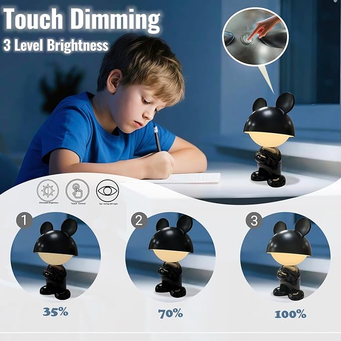 Night Light | Mini Desk Lamp | Table Lamps for Night Stands LED Cool Shape 3 Level Dimmable Touch Light with Rechargeable Battery for Bedside Living Room Home Decor Christmas Gifts(Black)