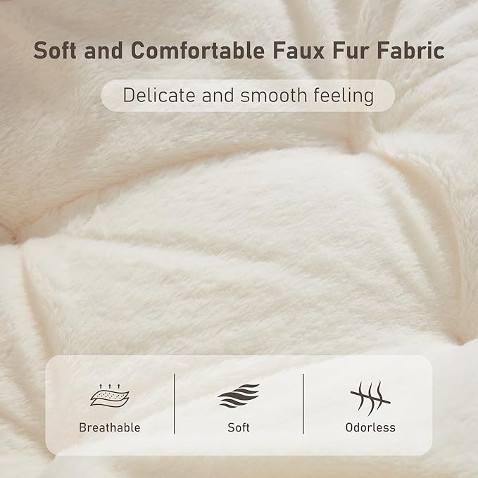 Comfy Oversized Saucer Chair, Soft Faux Fur Reading Lounge Chair for Adults, Stable X-Large Metal Frame and Non-Slip Pad, Foldable Cozy Chairs for Bedroom, Living Room, Dorm, Office, Beige