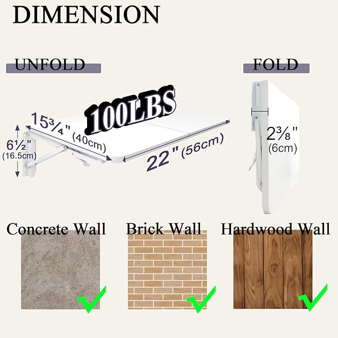 TEAMIX Wall Mounted Folding Table, White Floating Desk for Small Spaces Laundry Shelf with Heavy Duty Brackets Floating Desk for Garage, Utility Room, Kitchen, Laundry Room