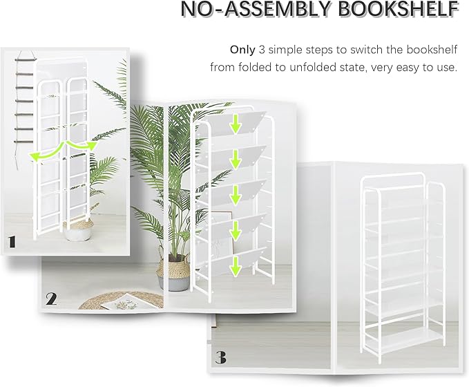 4NM No Assembly Folding Bookshelf, 5 Tiers Collapsible Book Shelves Open Industrial Foldable Storage Bookcase Shelf for Bedroom, Living Room, Home Office - All White