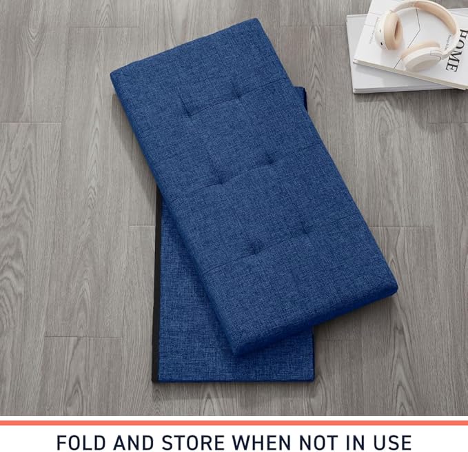 Ornavo Home Foldable Tufted Linen Large Storage Ottoman Bench Foot Rest Stool/Seat - 15" x 30" x 15" (Navy)