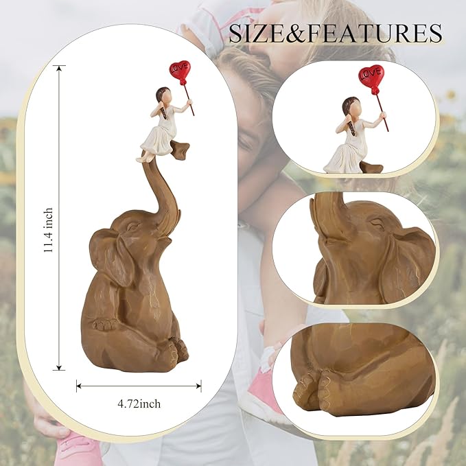 Elephant Statue Home Decor - Handmade Resin Sculpture Girl with Love Balloon Sitting on Elephant Figurines, Gifts for Women Girl Birthday (Brown)